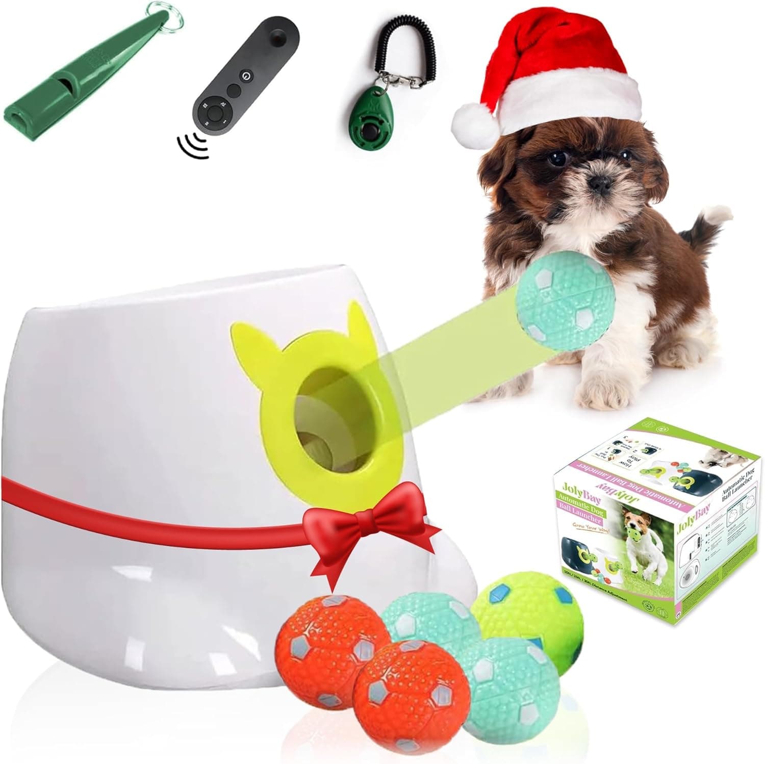 Automatic Small Dog Ball Launcher - Remote Control Interactive Fetch Machine Thrower for Small and Medium Sized Dogs with 6 High-Bounce Washable Latex Balls